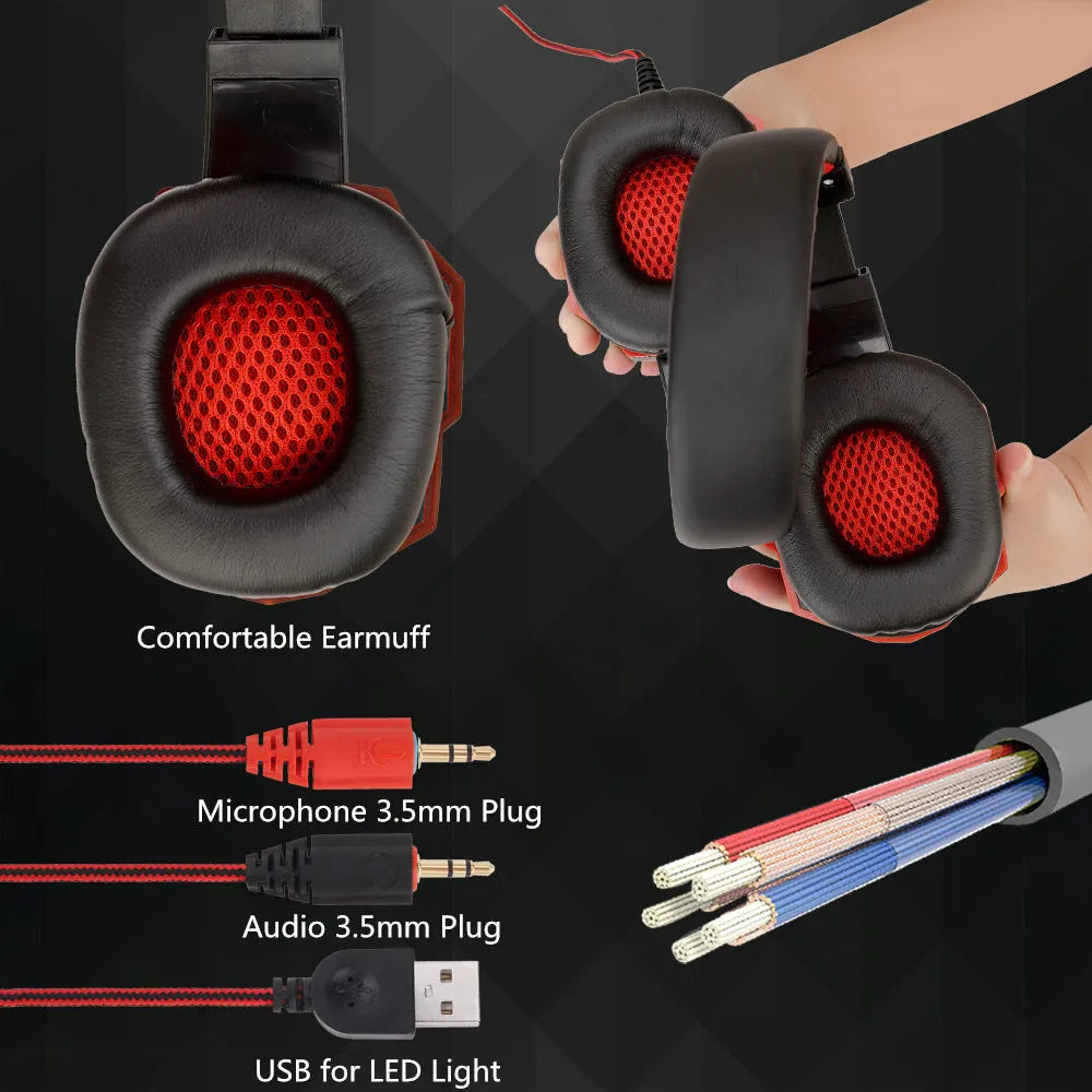 Wired PS4 and PC gaming headset with LED lights, tanned leather ear muffs, and braided cable in Black Red colour