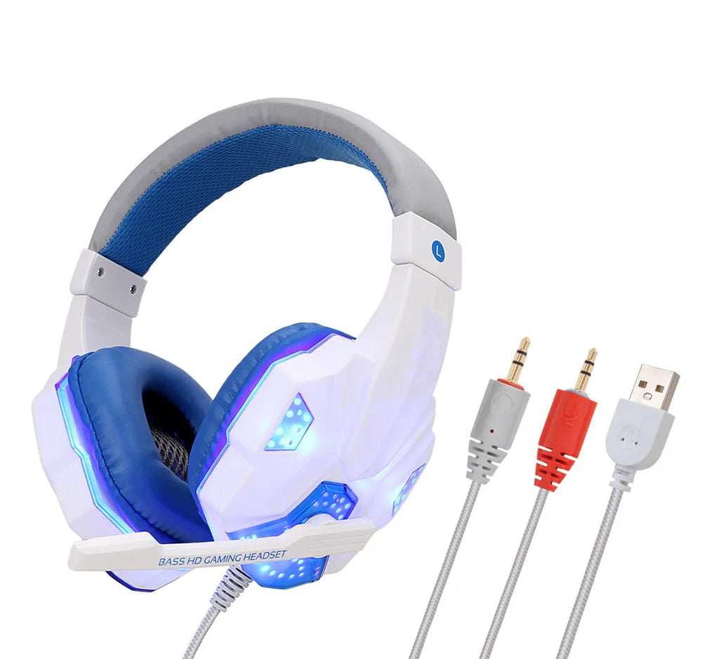 Wired PS4 and PC gaming headset with LED lights, tanned leather ear muffs, and braided cable in Black Red colour
