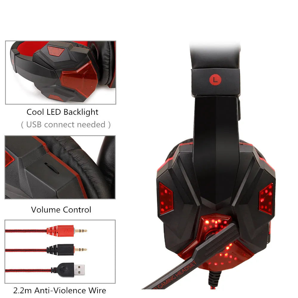 Wired PS4 and PC gaming headset with LED lights, tanned leather ear muffs, and braided cable in Black Red colour