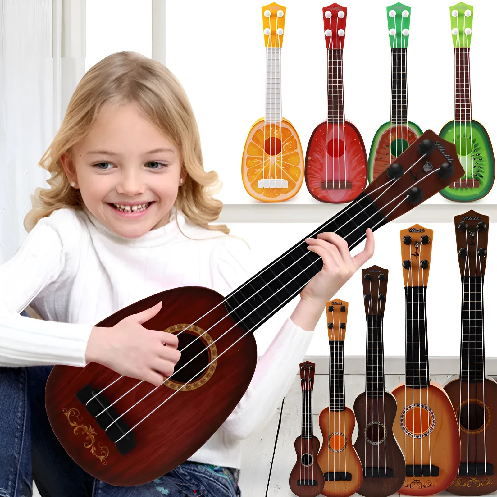 Colourful plastic simulation ukulele toy measuring 38cm length for children's musical training