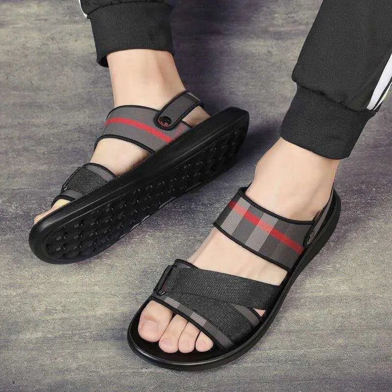 Youth leisure sports sandals with a Lycra fabric upper and polyurethane sole on a white background.