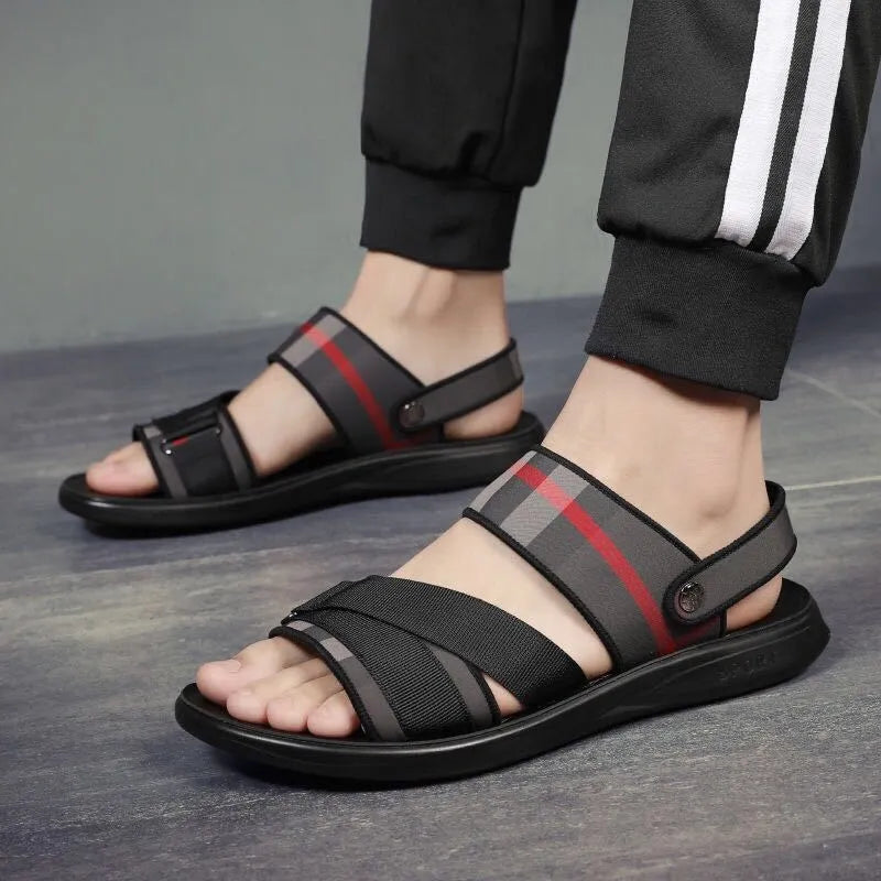 Youth leisure sports sandals with a Lycra fabric upper and polyurethane sole on a white background.