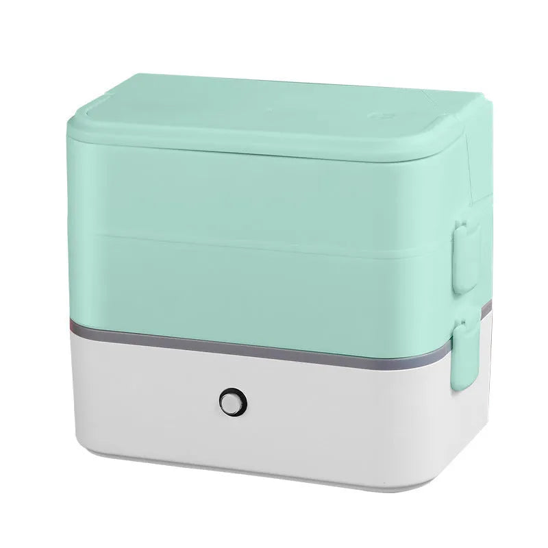 Double-layer portable heated lunch box in white green colour with stainless steel liner