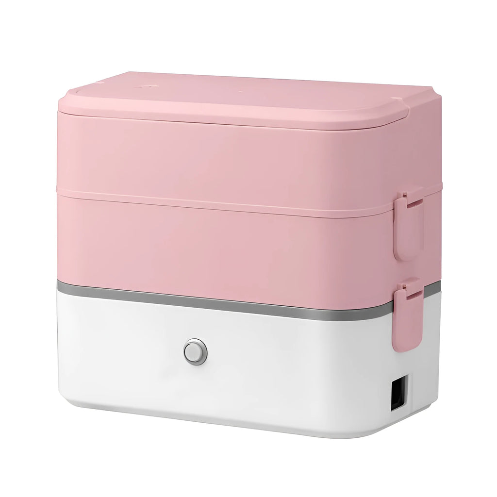 Double-layer portable heated lunch box in white green colour with stainless steel liner