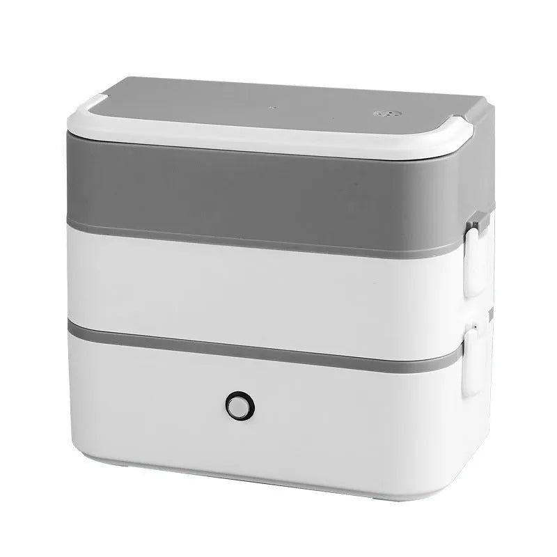 Double-layer portable heated lunch box in white green colour with stainless steel liner