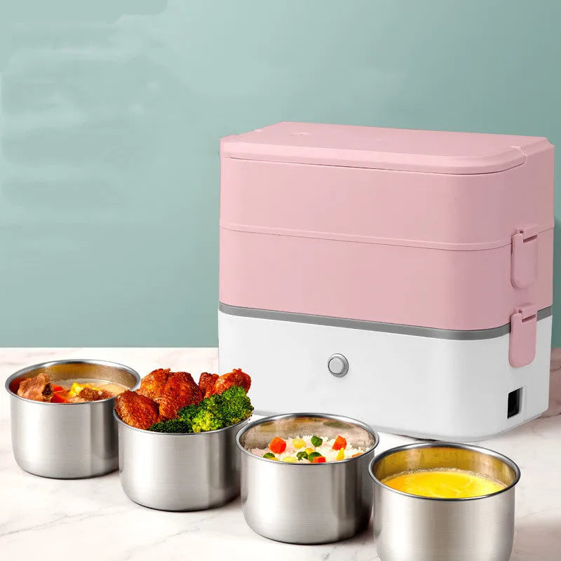 Double-layer portable heated lunch box in white green colour with stainless steel liner