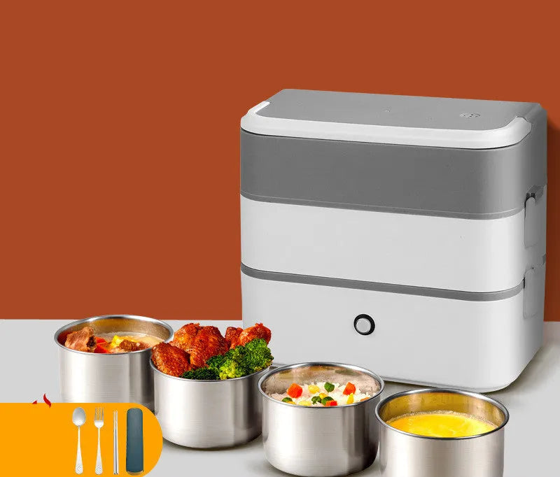 Double-layer portable heated lunch box in white green colour with stainless steel liner