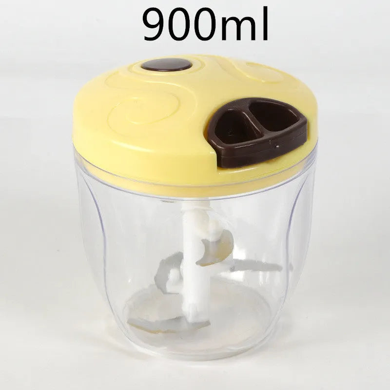 Green manual kitchen chopper with three blades showing 500ml capacity container functionality