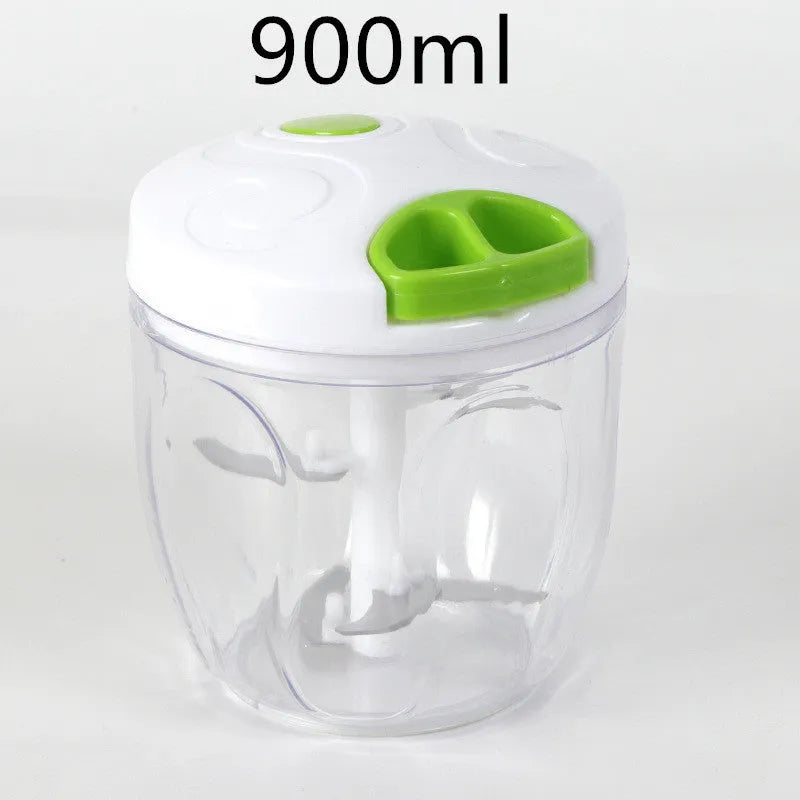 Green manual kitchen chopper with three blades showing 500ml capacity container functionality