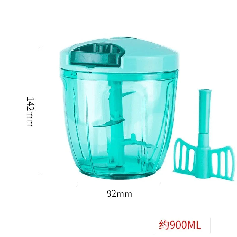 Green manual kitchen chopper with three blades showing 500ml capacity container functionality