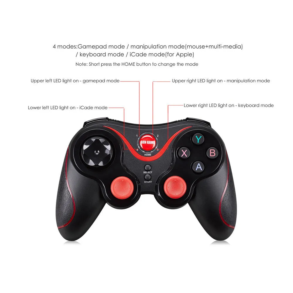 Black wireless Bluetooth gamepad controller for Android and iOS mobile phones and tablets.
