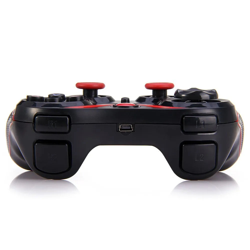 Black wireless Bluetooth gamepad controller for Android and iOS mobile phones and tablets.