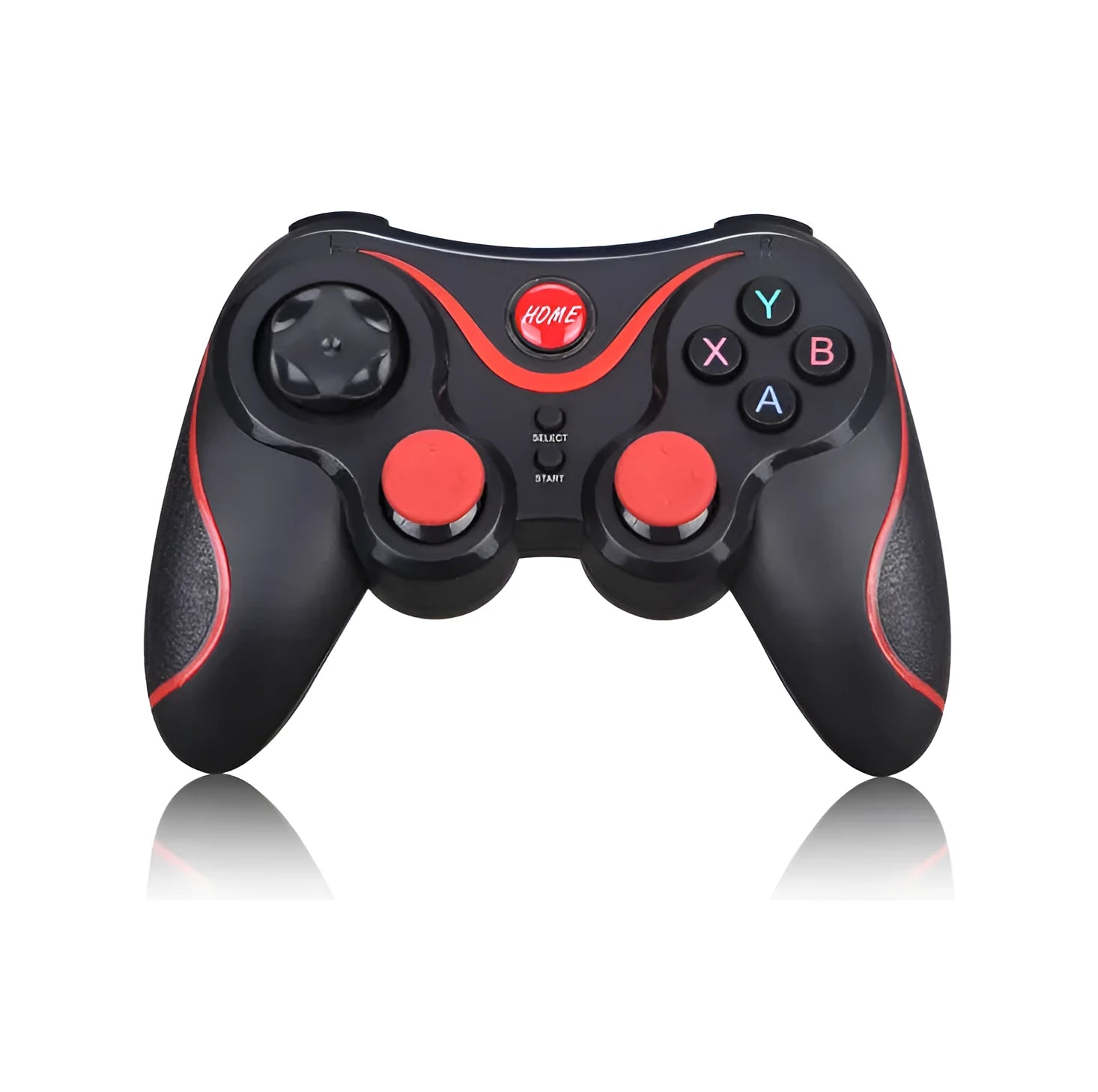 Black wireless Bluetooth gamepad controller for Android and iOS mobile phones and tablets.
