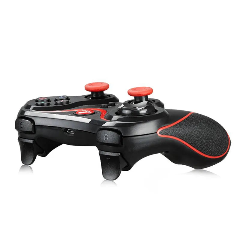 Black wireless Bluetooth gamepad controller for Android and iOS mobile phones and tablets.