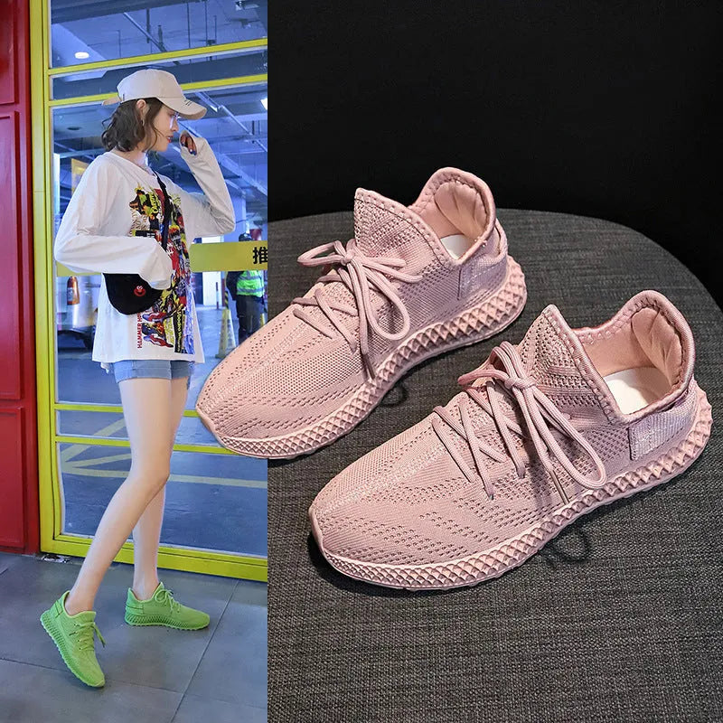 Women's breathable mesh sneakers in yellow with white rubber sole and lace-up fastening