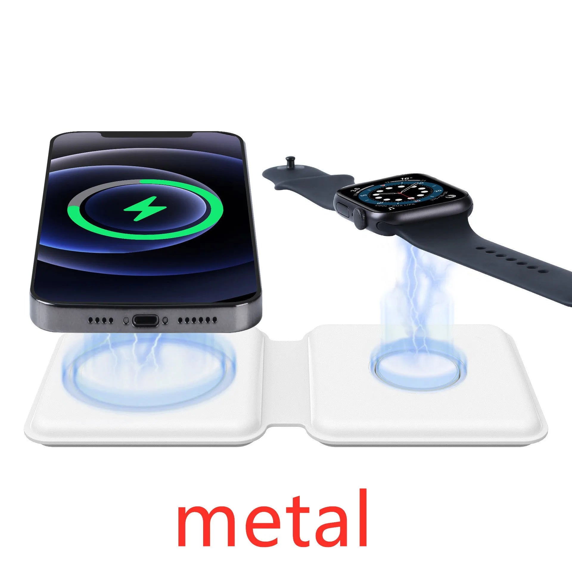 White magnetic wireless charging dock in folded position showing dual charging surfaces and Type-C port