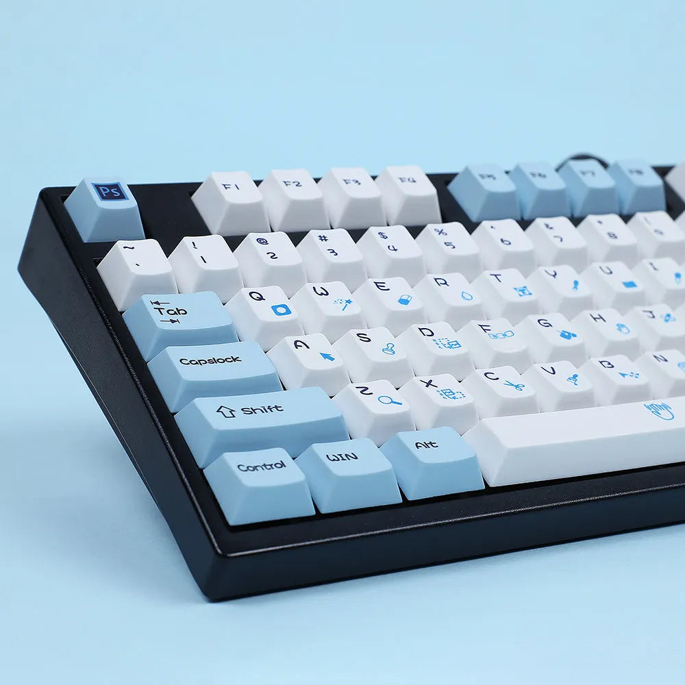 PS theme mechanical keyboard keycap set with sublimation printing in blue and white colour scheme