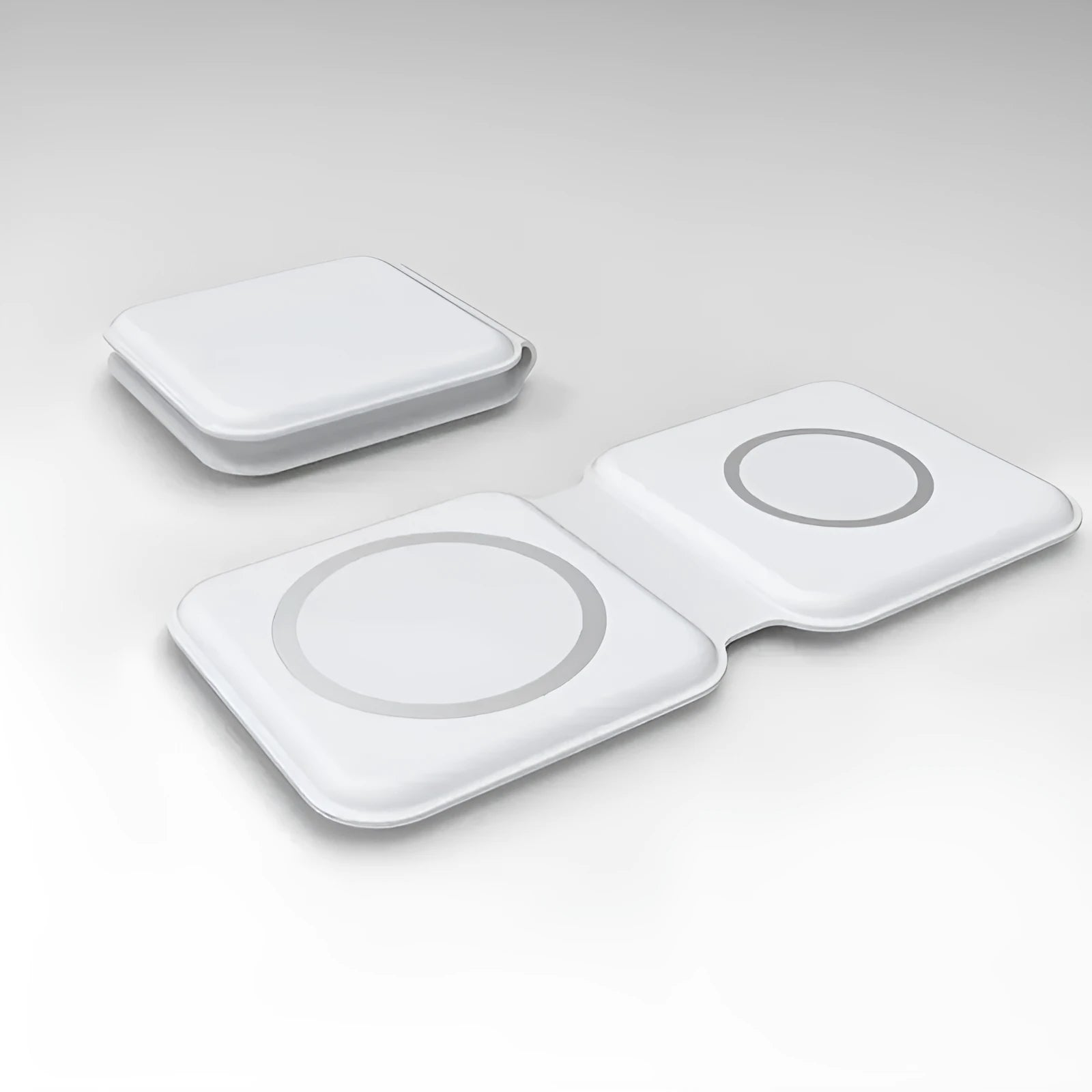 White magnetic wireless charging dock in folded position showing dual charging surfaces and Type-C port