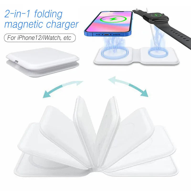White magnetic wireless charging dock in folded position showing dual charging surfaces and Type-C port