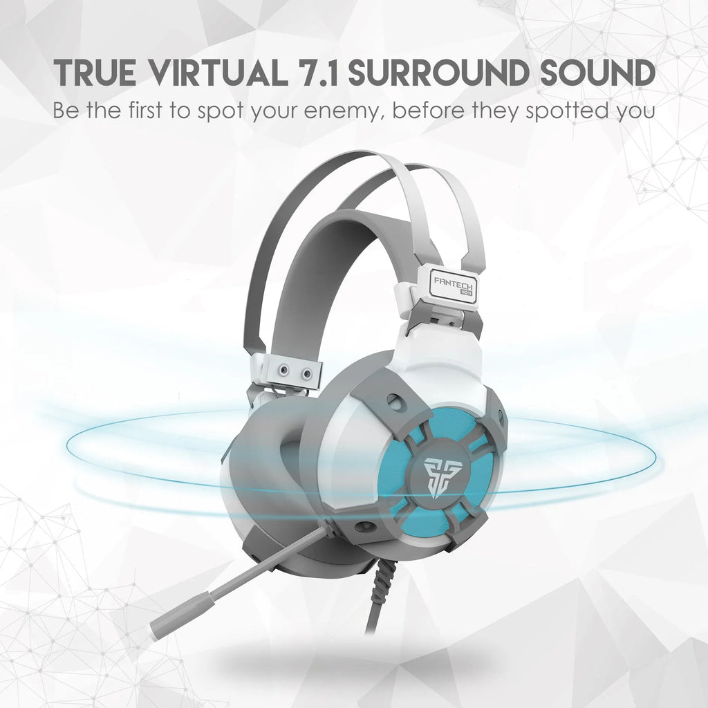 Black FANTECH HG11 gaming headset with RGB lights, large ear cups, and adjustable microphone