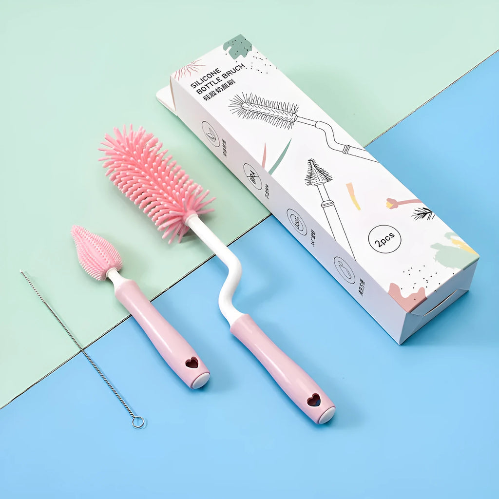 Silicone baby bottle brush set with main brush and straw cleaner in blue, pink and yellow colour options