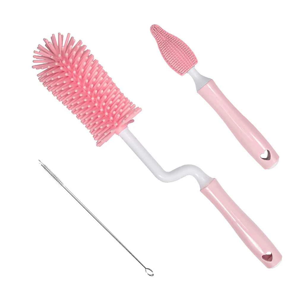 Silicone baby bottle brush set with main brush and straw cleaner in blue, pink and yellow colour options