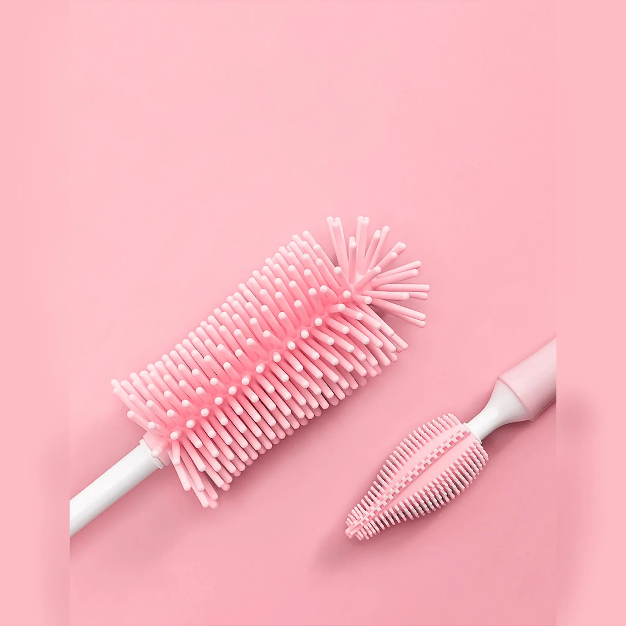 Silicone baby bottle brush set with main brush and straw cleaner in blue, pink and yellow colour options