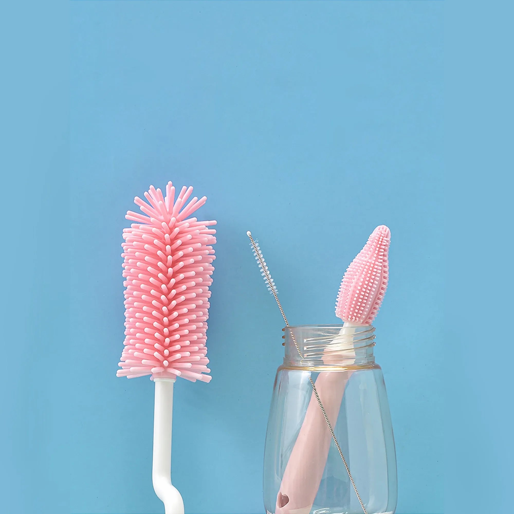 Silicone baby bottle brush set with main brush and straw cleaner in blue, pink and yellow colour options