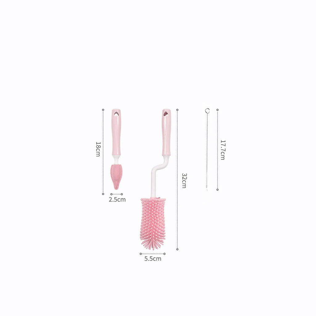 Silicone baby bottle brush set with main brush and straw cleaner in blue, pink and yellow colour options