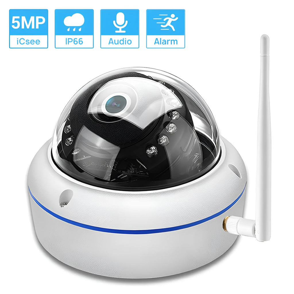 Wireless dome camera with 5MP 1080P resolution, 3.6mm lens, and infrared night vision in semi-metal housing