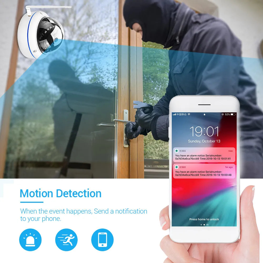 Wireless dome camera with 5MP 1080P resolution, 3.6mm lens, and infrared night vision in semi-metal housing