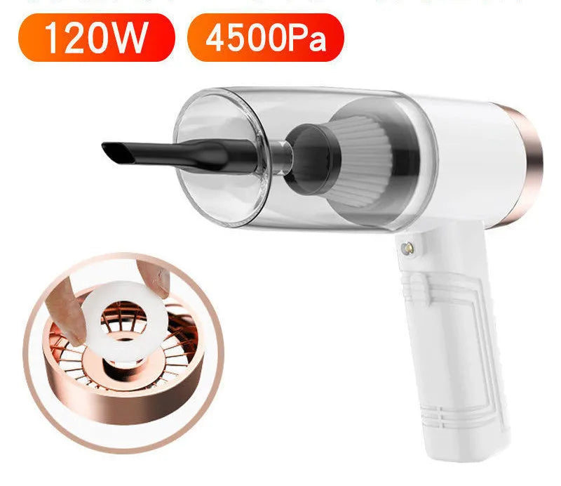 Black and white portable car vacuum cleaner with long cable and five suction head accessories on a car seat