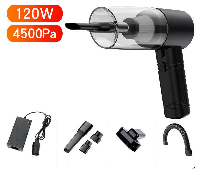 Black and white portable car vacuum cleaner with long cable and five suction head accessories on a car seat