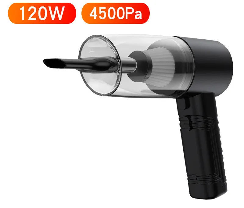 Black and white portable car vacuum cleaner with long cable and five suction head accessories on a car seat