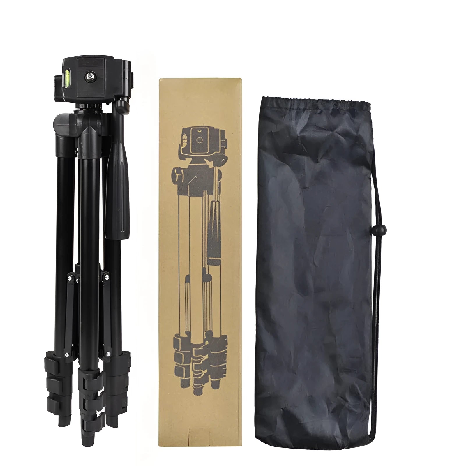 Black aluminium alloy camera tripod with quick release plate extended to shooting height