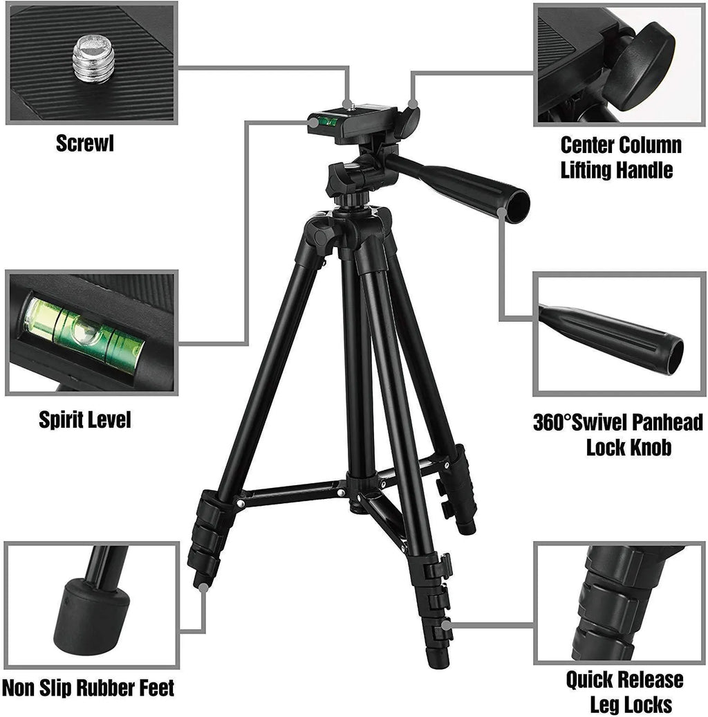Black aluminium alloy camera tripod with quick release plate extended to shooting height