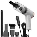 Black and white portable car vacuum cleaner with long cable and five suction head accessories on a car seat