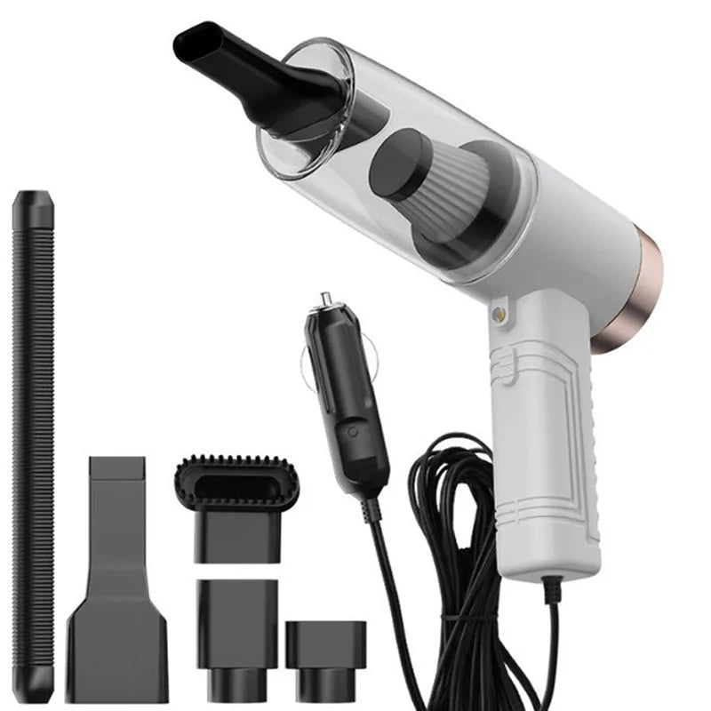 Black and white portable car vacuum cleaner with long cable and five suction head accessories on a car seat