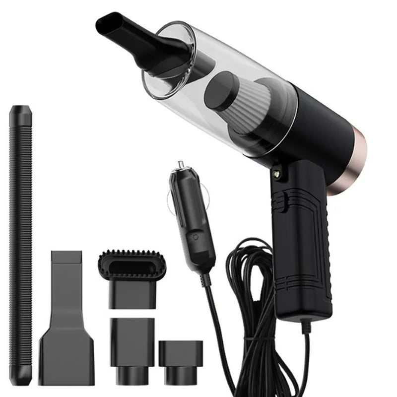 Black and white portable car vacuum cleaner with long cable and five suction head accessories on a car seat