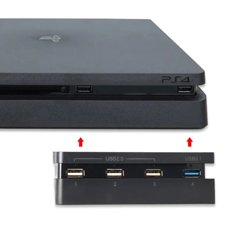 Black PS4 Slim USB hub with 2.0 and 3.0 interfaces for console port expansion