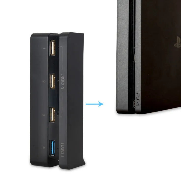 Black PS4 Slim USB hub with 2.0 and 3.0 interfaces for console port expansion