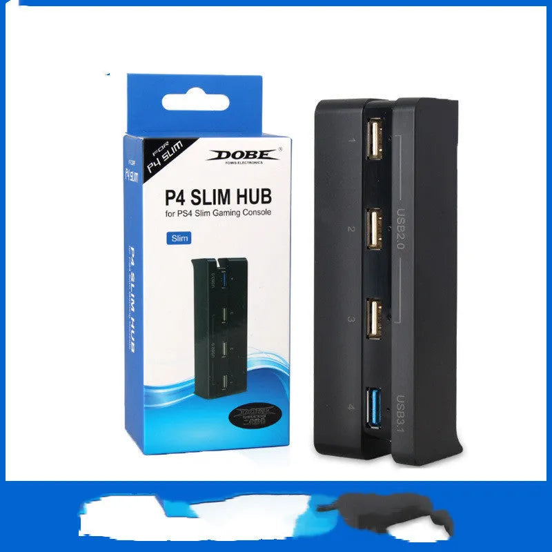 Black PS4 Slim USB hub with 2.0 and 3.0 interfaces for console port expansion