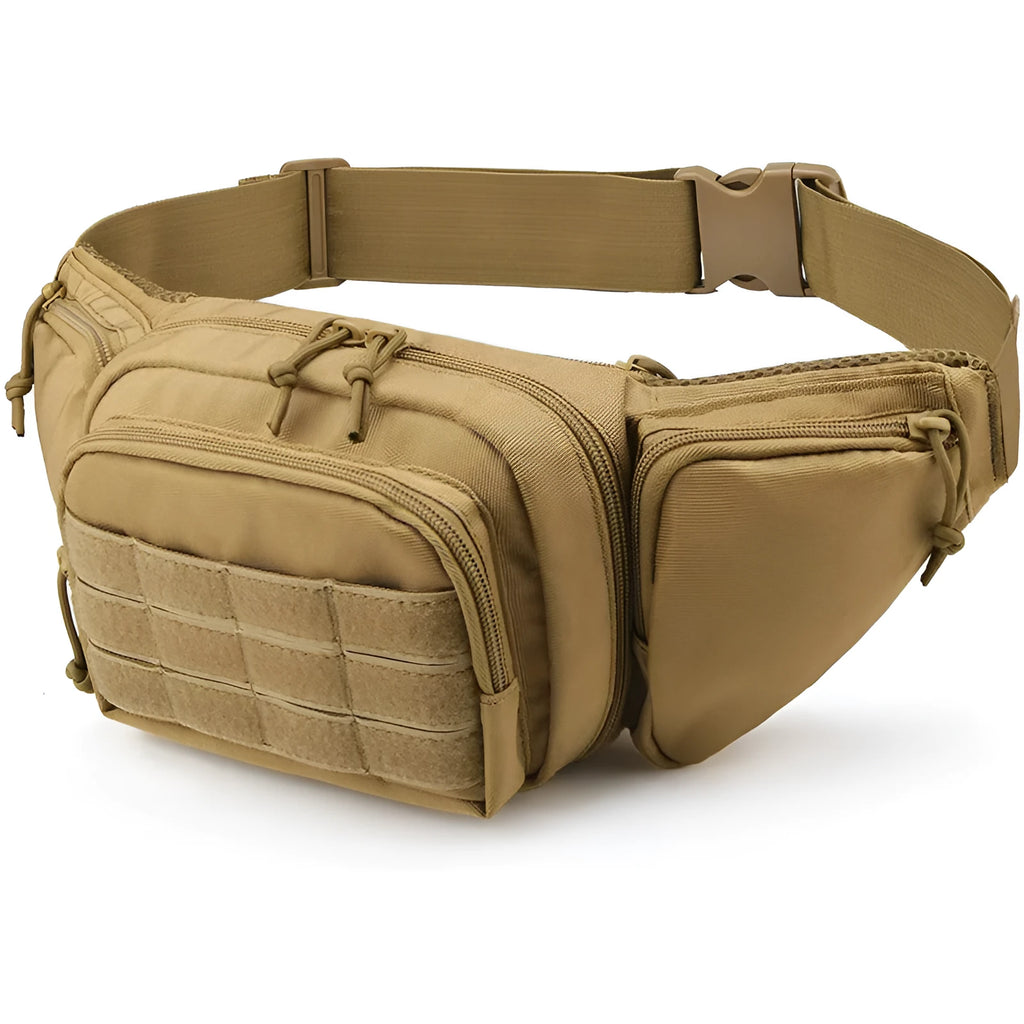 Black tactical waist bag worn around the waist with moderate storage capacity
