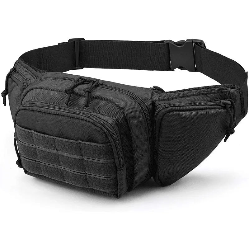 Black tactical waist bag worn around the waist with moderate storage capacity