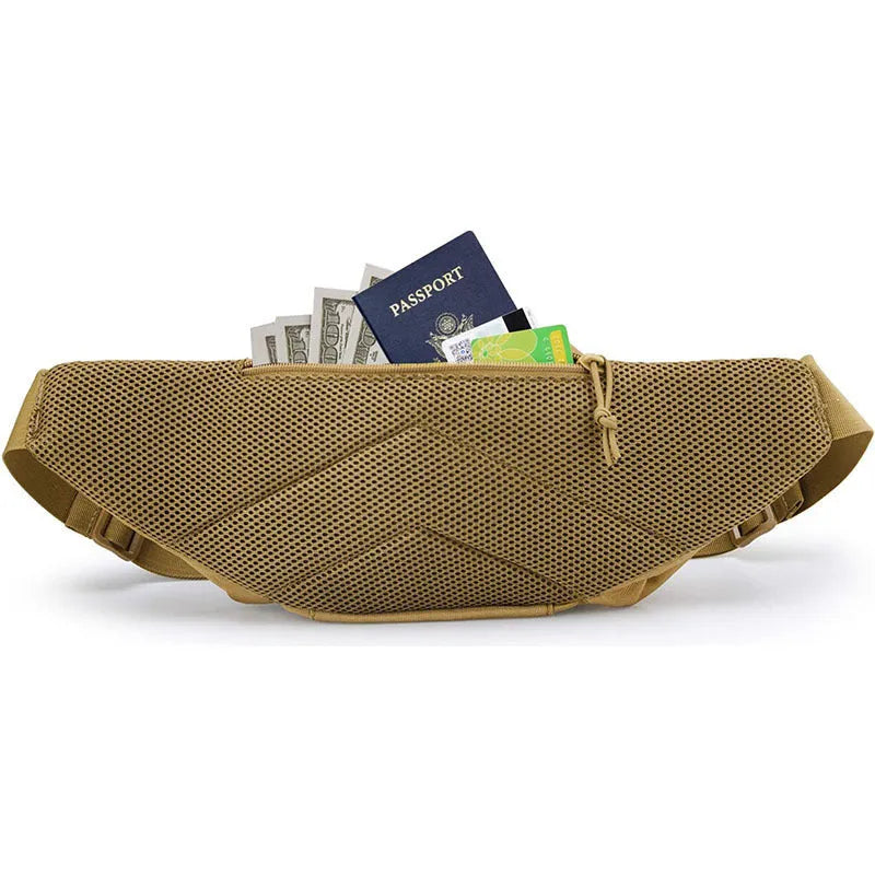 Black tactical waist bag worn around the waist with moderate storage capacity