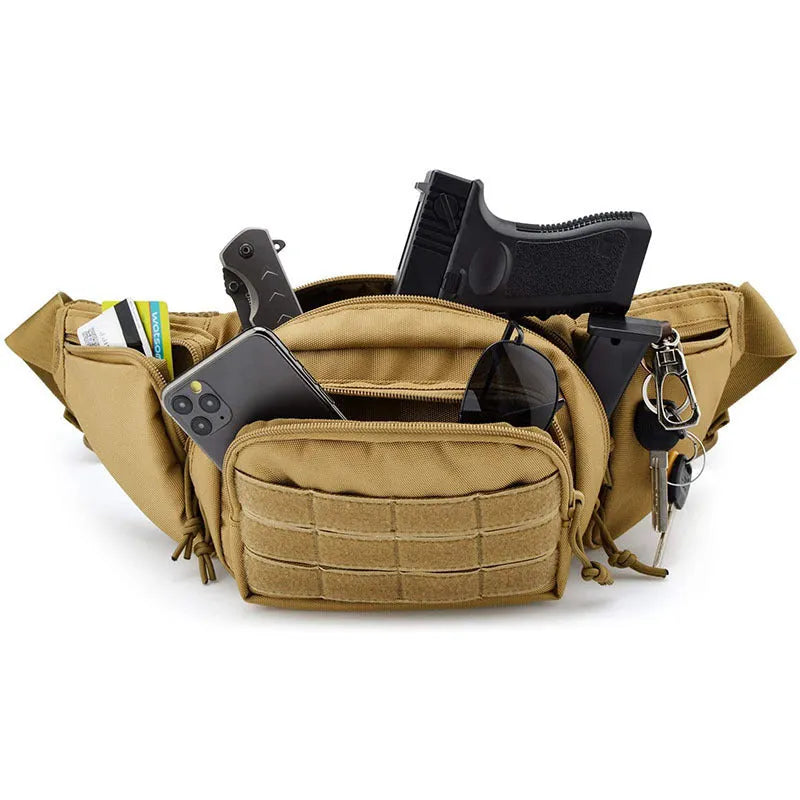 Black tactical waist bag worn around the waist with moderate storage capacity