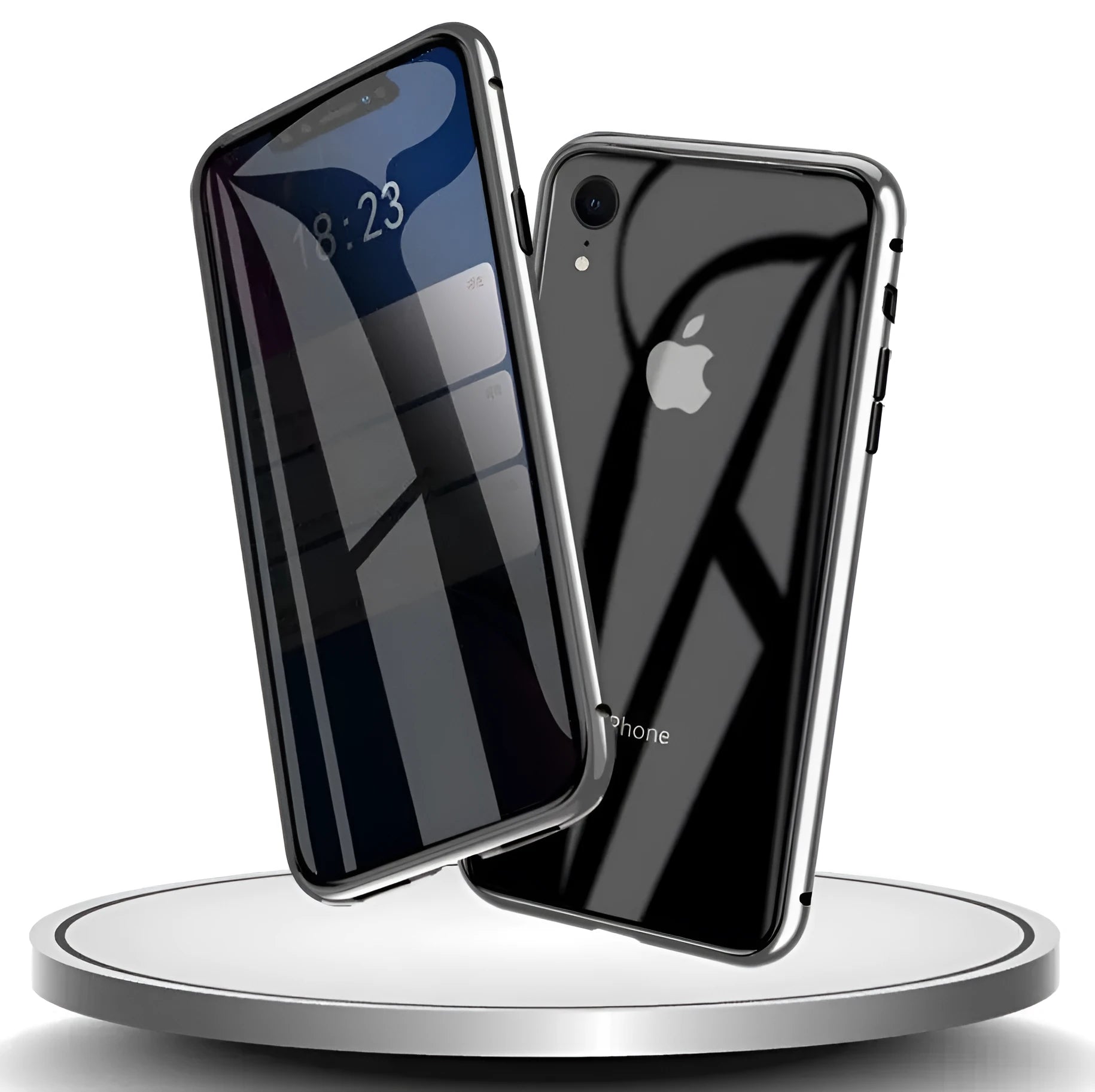 Clamshell anti-spy phone case in six colours showing tempered glass construction for iPhone privacy protection