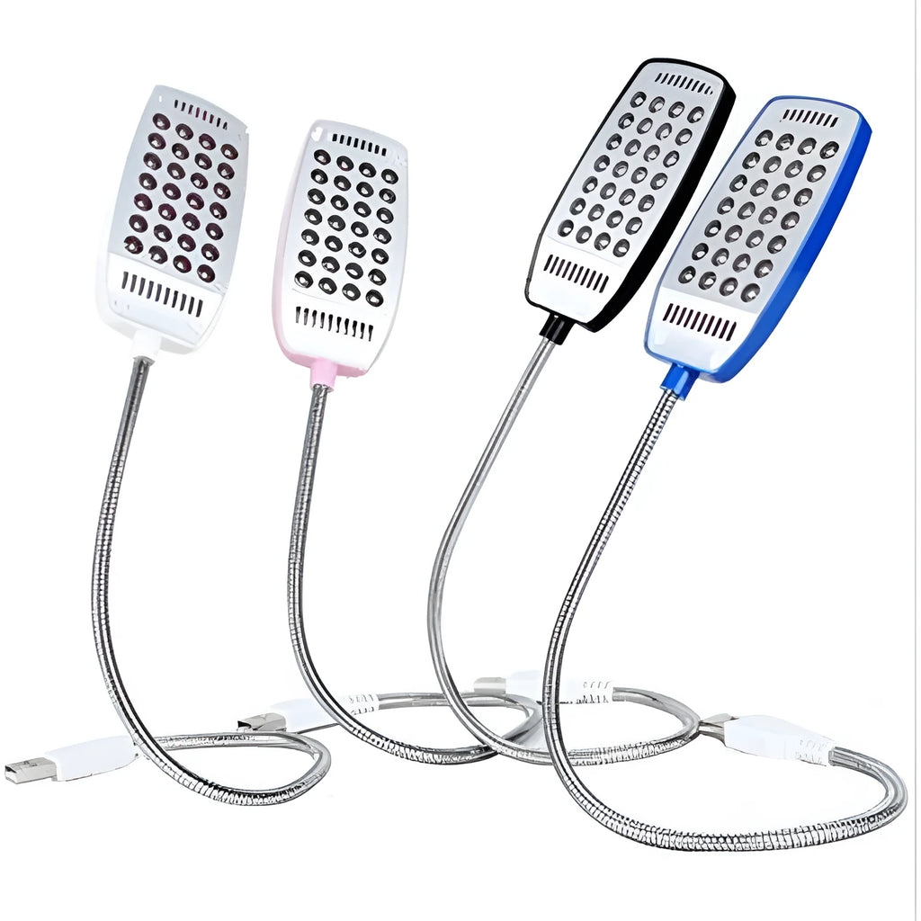 Flexible USB LED reading lamp with gooseneck design and clip attachment in multiple colours