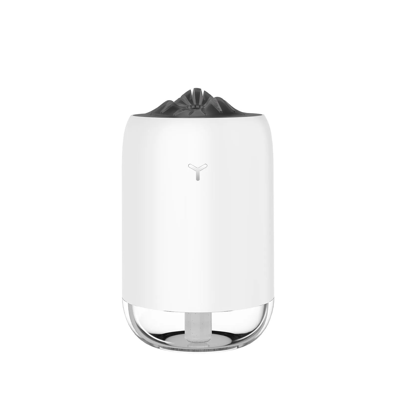 White Magic Flame columnar ultrasonic humidifier with USB cable on a wooden desk.
