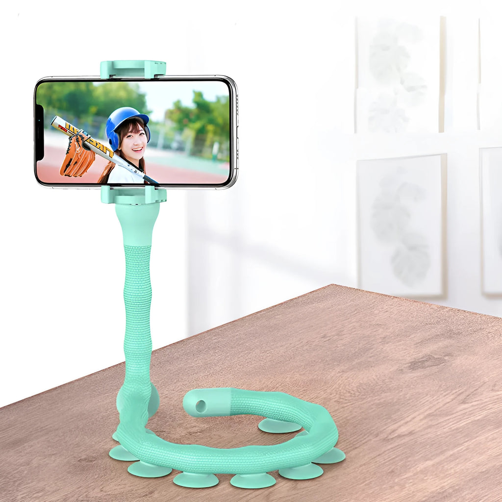 Black flexible worm arm phone holder with suction cup attached to a bicycle handlebar